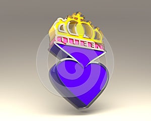 Icon with crown, queen word and spades suit. Glass outline. 3D render