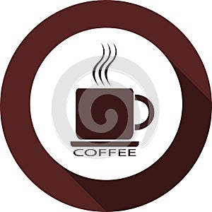 An icon of a cup of coffee on a white circle. White flat image w