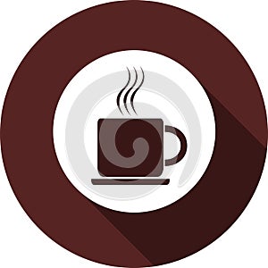 Icon of a cup of coffee. White flat image on a white circle with