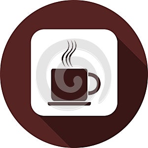 Icon of a cup of coffee on a white square. White flat image with