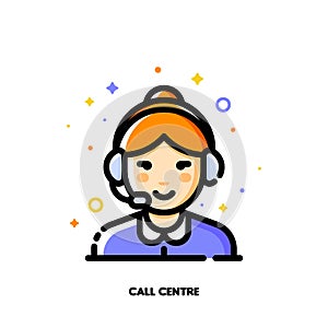 Icon of cute girl wearing headset for call center and customer