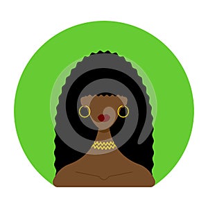 Icon dark-skinned black-haired woman with gold jewelry on a green oval background.