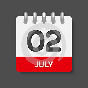 Icon day date 2 July, template calendar page