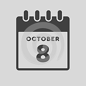 Icon day date 8 October, template calendar page