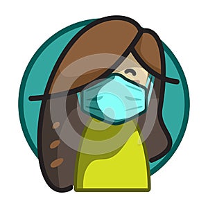 Icon depicting a girl in a medical mask in a cartoon style in green on a white background, isolated