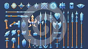 An icon design kit for fantasy game skill effects. A medieval cartoon spear, lance, axe, meteor rain, and ice magic