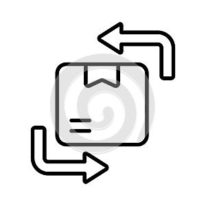 an icon with dispatched package and opposite direction arrows showing concept icon of reorder