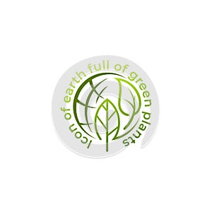 Icon of earth full of green plants, leaf and globe logo
