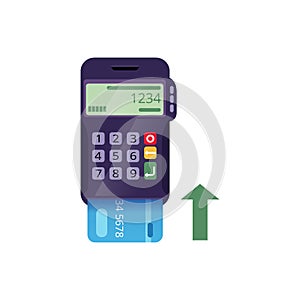 Icon of electronic terminal and credit card. Cashless payment method. Money transfer. Modern flat vector isolated on