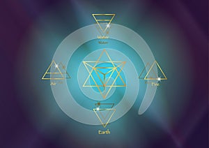Icon elements : Air Earth Fire Water and Merkaba Star tetrahedron, Wiccan divination symbols. Ancient occult gold symbols