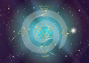 Icon elements : Air Earth Fire Water and Merkaba Star tetrahedron, Wiccan divination symbols. Ancient occult gold symbols