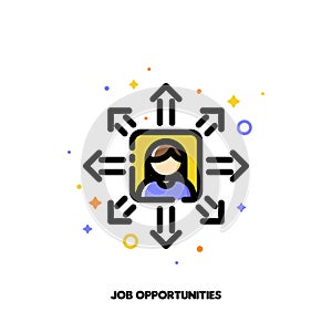 Icon of employees photo and diverging arrows for career opportunities concept. Flat filled outline style. Pixel perfect 64x64