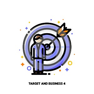 Icon of entrepreneur and target for business goals achievement or aim mission challenge concepts. Flat filled outline style