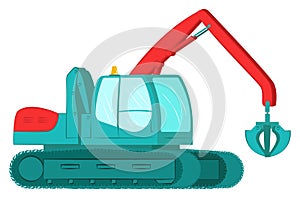 Icon excavator with bucket, professional construction vehicle equipment, land work flat vector illustration, isolated on