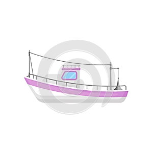 Flat vector icon of fishing boat with trawling gear. Industrial marine vessel. Ocean or sea theme