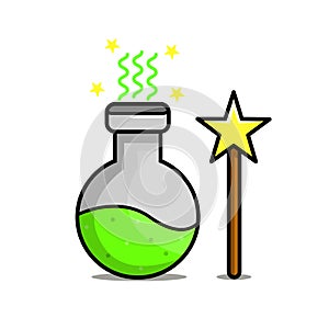 Icon flask with potion and magic wand, vector illustration