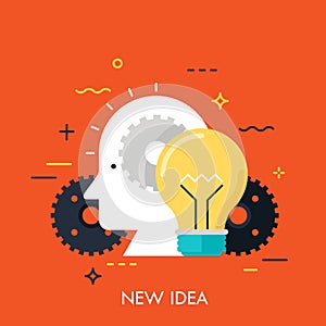 Icon with flat design element of bright idea in human head, success human solution, lightbulb lamp, eureka in problem solving.