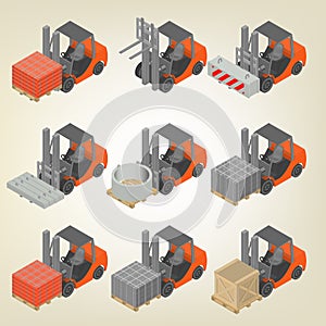 Icon forklift with cargo isometric, vector illustration.