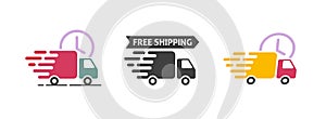 Icon free delivery truck as shipping van simple pictogram vector symbol, fast quick speed deliver vehicle car flat graphic