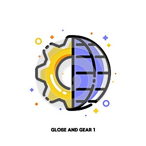 Icon of gear and globe for global business or international industry concept. Flat filled outline style. Pixel perfect 64x64