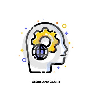 Icon of gear and globe for international machine technology or global artificial intelligence AI. Flat filled outline style