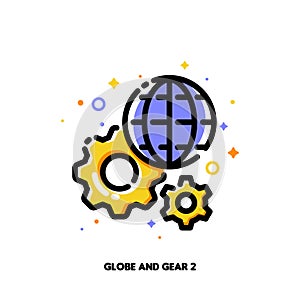 Icon of gear and globe for international technology or global service concept. Flat filled outline style. Pixel perfect 64x64