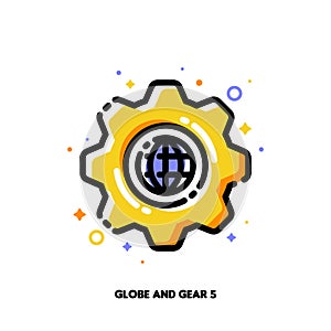 Icon of gear and globe for international technology or global service concept. Flat filled outline style. Pixel perfect 64x64