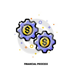 Icon of gear wheels with dollar sign for financial process or earning money online concept. Flat filled outline style