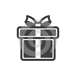 Icon of a gift box tied with a ribbon with a bow. A simple image of a closed box. Dark texture. Isolated vector on a