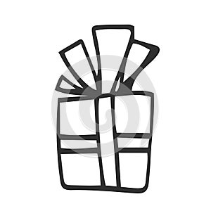 Icon of a gift box wrapped in a ribbon with a bow. A simple image of a closed box. Empty texture. Isolated vector on a pure white