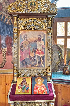 Icon in gilded salary in the temple of the Sokolin Monastery in Bulgaria