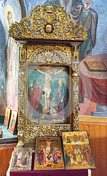 Icon in gilded salary in the temple of the Sokolin Monastery, Bulgaria
