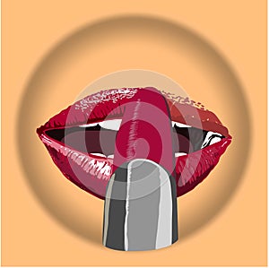 Icon glamour Red lips with pomade make up on body colore plate. biting red lips make pomade. Vector- illustration. photo