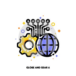 Icon of globe and gear for global blockchain technology or international cryptocurrency concept. Flat filled outline style