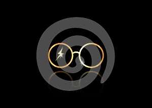 Icon of a golden round glasses, minimal style, isolated on black background photo
