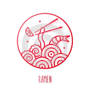 Icon in gradient line style with noodles, mussels, shrimp and chopsticks. Vector