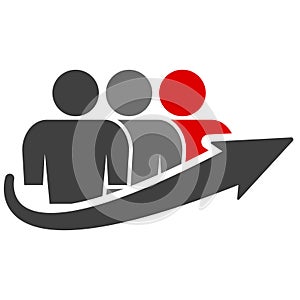 Icon of a group of people of three people and an arrow of growth. The last person in the queue is highlighted in red. Vector on