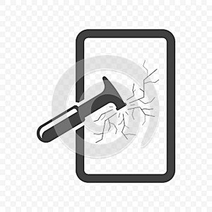 Icon hammer breaking glass. Vector on transparent background.