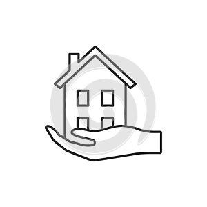 Icon of a hand that holds a two-story house. A simple linear symbol of taking care of the house. Vector over white