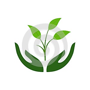 Icon of hands carefully holding green leaves. Symbol of ecology, environmental awareness, nature.