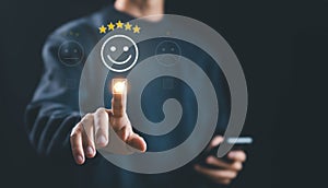 icon happy smile, 5-star rate review of client, best feedback customer. satisfaction survey concept in service of the user on a