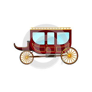 Flat vector icon of horse-drawn carriage with large red cab and wheels. Vintage wagon with door and windows. Antique