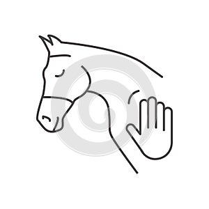 Icon of horse head and human hand touch. Concept for hippotherapy, horse therapy or healing. Physiotherapy for horses