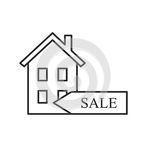 The icon of the house that is for rent. A simple linear image of a two-storey house with a sign for rent. Vector on a