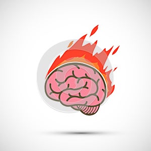 Icon human brain burns in flame. Migraine or stress photo