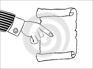 Icon of human hand indicates to empty parchment, scroll, pointing finger, isolated on white.