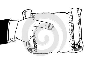 Icon of human hand indicates to empty parchment, scroll, pointing finger, isolated on white.