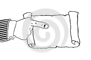 Icon of human hand indicates to empty parchment, scroll, pointing finger, isolated on white.
