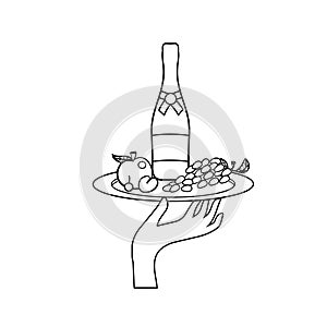 Icon of human hand with a tray with drinks and fruit