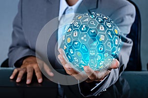 Icon Internet World In the hands of a businessman network technology and communication Space input data